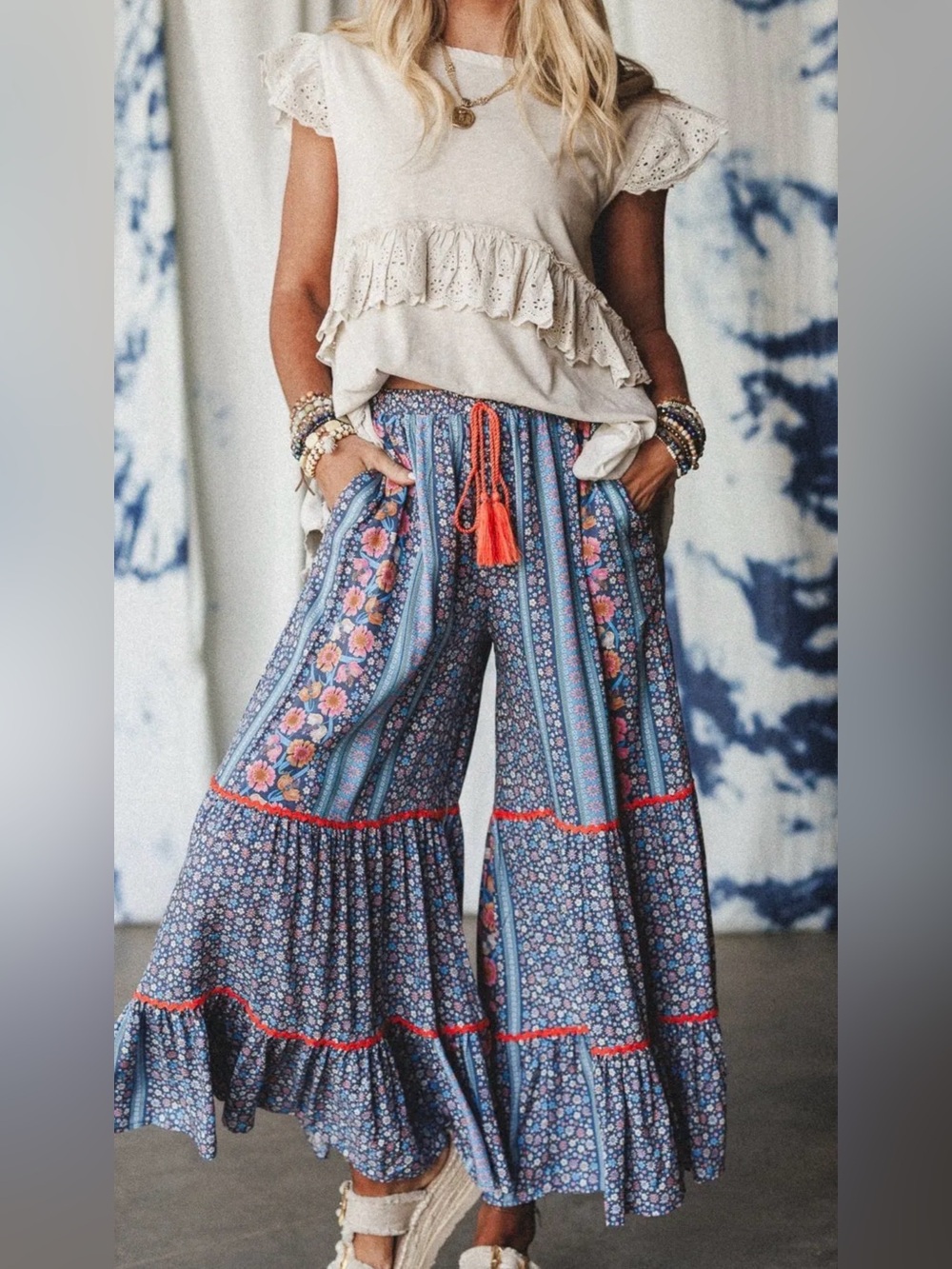 Three Bird Nest Boho Floral Wide-Leg Pants